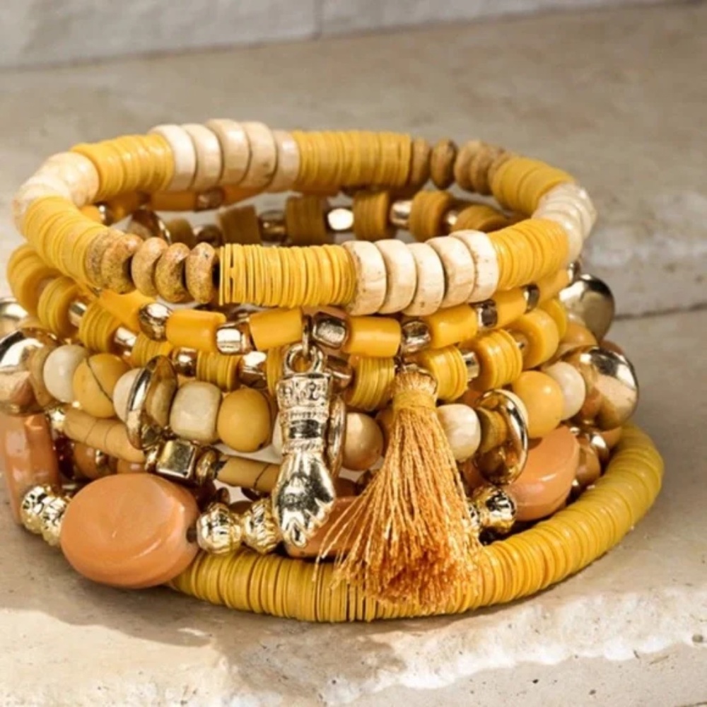 SOLD OUT Multi Layer Mustard Charm Beaded Wood Metal Gold Bead Stretch Bracelet - Picture 1 of 3